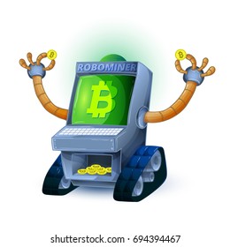 Robot mining coins with Bitcoin symbol isolated on white background. Vector robot holds electronic money in their hands