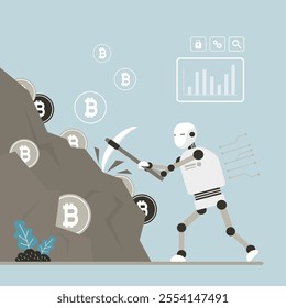 Robot mining money, collect crypto money. Bot with ai uses pickaxe to get bitcoin in stone. Extracting cryptocoin out of rock. Concept of bitcoin or cryptocurrency mining, digital currency farming.