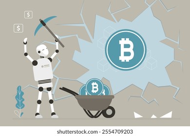 Robot mining money, collect crypto money. Bot with ai uses pickaxe to get bitcoin in stone. Extracting cryptocoin out of stone. Concept of bitcoin or cryptocurrency mining, digital currency farming.