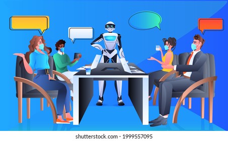 robot with mix race businesspeople in masks discussing during meeting at round table artificial intelligence