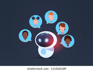 robot mix race chat bubbles, artificial intelligence support virtual assistance of website or mobile applications, data privacy concept flat