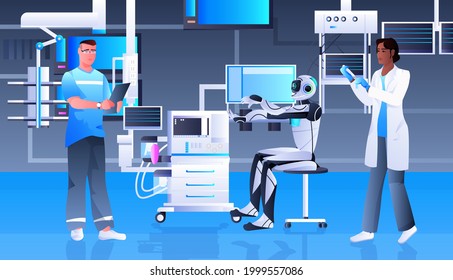 robot with mix race scientists making experiments in lab artificial intelligence technology concept