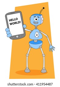 Robot with mobile phone messaging "Hello World".