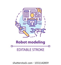 Robot modeling concept icon. Creating computers idea thin line illustration. Making design of electronics, devices. Developing robotics. Vector isolated outline drawing. Editable stroke