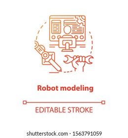 Robot modeling red concept icon. Creating computers idea thin line illustration. Making design of electronics, devices. Developing robotics. Vector isolated outline drawing. Editable stroke