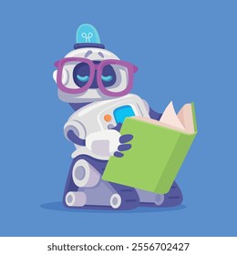 Robot and Modern Electronic Humanoid Machine Read Book Vector Illustration