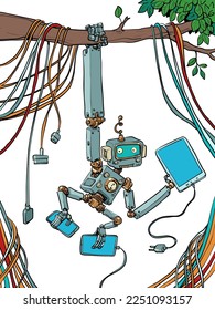 A robot monkey hangs on a tree branch while it is surrounded by a lot of technology. Synthesis of technological development and environmental agenda.