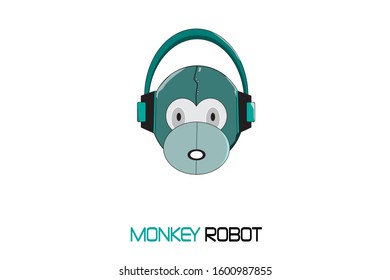 Robot with monkey head shape while listening to earphones. Tosca blue, dark