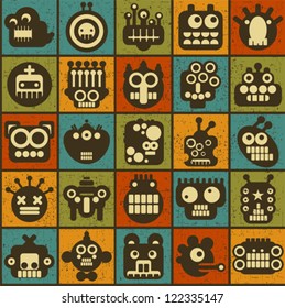 Robot and monsters cell seamless background in retro style. Vector texture #3.