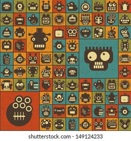 Robot and monsters cell seamless background in retro style. Vector texture.