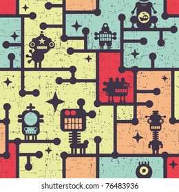 Robot and monsters colorful seamless pattern. Vector illustration.