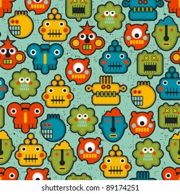 Robot and monsters cute faces seamless pattern. Vector texture.
