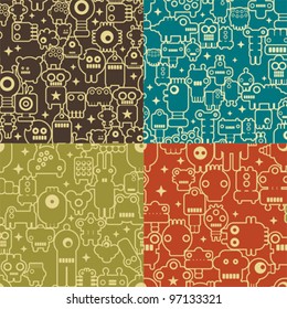 Robot and monsters  four different seamless patterns. Vector colorful textures and backgrounds.