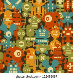 Robot and monsters modern seamless pattern in retro style. Vector background with nanobots.