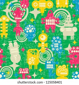 Robot and monsters modern seamless pattern. Vector texture with nanobots.