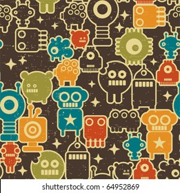 Robot and monsters modern seamless pattern in retro style #1. Vector texture with nanobots.