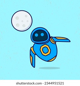 Robot with moon. Premium vector isolated in flat cartoon style. Suitable for icons, stickers, games and graphic elements.