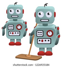 A robot with a mop for household cleaning isolated on white background. Vector cartoon close-up illustration.
