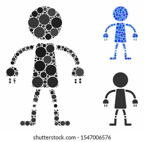 Robot mosaic of round dots in variable sizes and shades, based on robot icon. Vector round dots are combined into blue mosaic. Dotted robot icon in usual and blue versions.