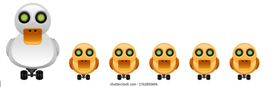 Robot mother duck with baby duck robots.Vector illustration of robot farm duck family.