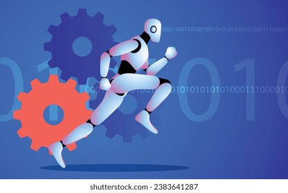 Robot in motion, set against a backdrop of spinning cogwheels and binary code, represents the rapid pace of AI learning and its quest to attain human insights