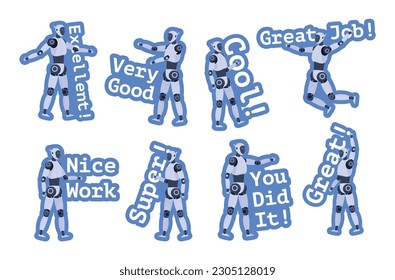 Robot motivational quotes phrase sticker purple design set vector flat illustration. Funny artificial intelligence character with inspirational motto excellent very good cool great job nice work super