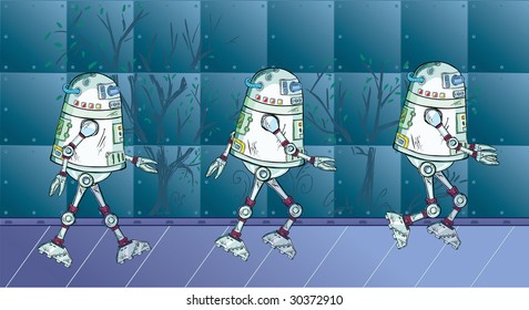 Robot movement in three stages on the futuristic background.
