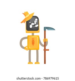 Robot mower character cartoon, android farmer standing with scythe in its hands vector illustration