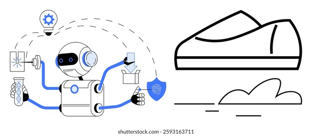Robot with multiple arms handling laboratory equipment, shield, and files next to a shoe outline. Ideal for automation, technology, innovation, manufacturing, robotics, artificial intelligence