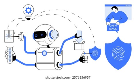 Robot with multiple arms handling a test tube, light bulb, and packing box, with shield symbol and person receiving cash. Ideal for innovation, technology, e-commerce, research, and security