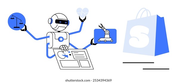 Robô com vários braços segurando uma balança, coração e braço robótico enquanto interage com uma interface de computador e uma sacola de compras. Ideal para tecnologia, IA, automação, lei e temas de comércio eletrônico