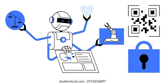 A robot with multiple arms holding symbols representing justice health automation QR code and security. Ideal for technology automation healthcare law robotics security and futuristic concepts