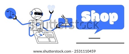 Robot with multiple arms holding a toolbox a scale and documents, next to a speech bubble with the word Shop. Ideal for technology, automation, e-commerce, robotics, and artificial intelligence