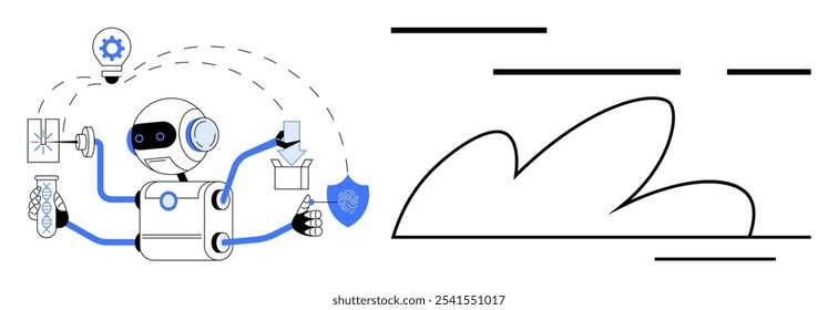 A robot with multiple arms holding various tools and icons representing technology and healthcare. Black lines suggest connectivity and automation. Ideal for technology, healthcare, AI, cloud