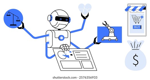 A robot with multiple arms interacting with various objects such as scales, heart, robotics, and a shopping cart. Ideal for technology, automation, artificial intelligence, e-commerce, and robotics