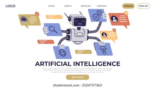 Um robô com vários braços gerencia vários ícones digitais e bolhas de fala, representando inteligência artificial e automação. Ideal para tecnologia, inovação, aprendizagem de máquina, ferramentas digitais