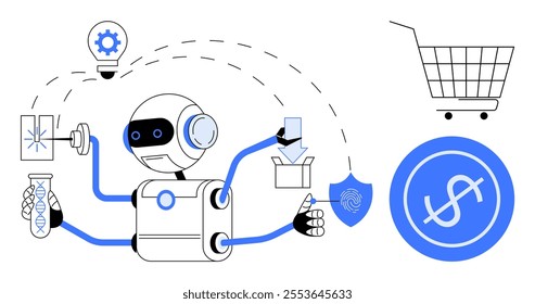 Robot with multiple arms performing tasks like fingerprint scanning and testing in a lab setting with icons of a shopping cart lightbulb and dollar sign. Ideal for technology artificial intelligence