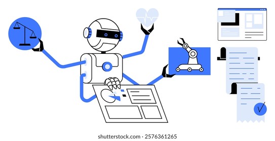 A robot with multiple arms performing tasks from different professions such as holding a law scale, medical heart, robotic arm for manufacturing, and financial documents for accounting. Ideal for