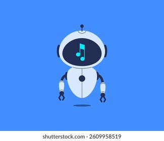 Robot with music note displayed on screen. Vector illustration for AI, sound recognition, music tech and digital assistant design