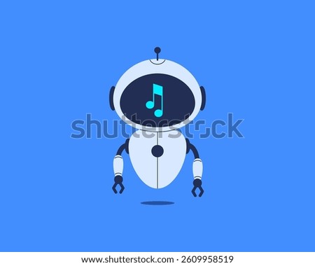 Robot with music note displayed on screen. Vector illustration for AI, sound recognition, music tech and digital assistant design