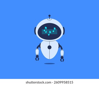 Robot with music notes and staff on screen. Vector illustration for AI, music technology, chatbot interface and creative sound design concepts