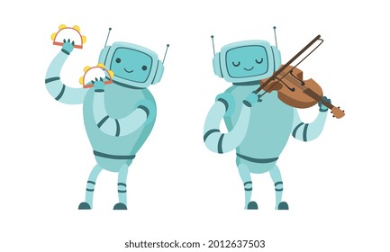 Robot Musician Playing Musical Instrument Performing on Stage Vector Set