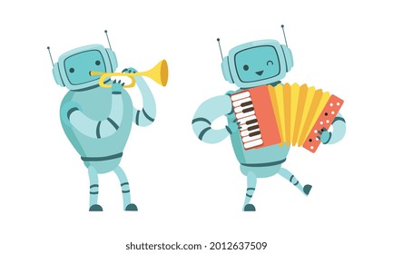 Robot Musician Playing Musical Instrument Performing on Stage Vector Set