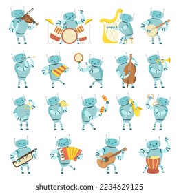 Robot Musician Playing Musical Instrument Performing on Stage Big Vector Set