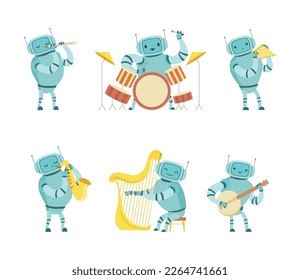 Robot Musician Playing Musical Instrument Performing on Stage Vector Set