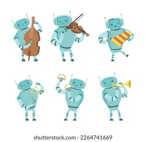 Robot Musician Playing Musical Instrument Performing on Stage Vector Set