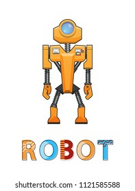 Robot new technology in creating artificial organisms. Poster with headline and designed humanoid. Machine with screen on head vector illustration