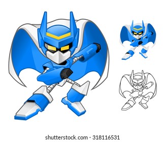 Robot Ninja Cartoon Character Include Flat Design and Outlined Version Vector Illustration