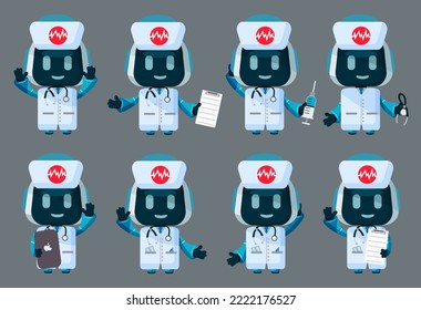 Robot nurse characters vector set. Robotic medical characters in friendly faces and uniform isolated in white background for ai collection design. Vector illustration.
