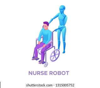 Robot nurse helping disabled man in wheelchair, smart robotic technology,